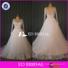 ED Bridal Real Sample Sheer Long Sleeve Voir à travers les robes de mariée Robe de bal Robe 2017 avec ceinture en perles